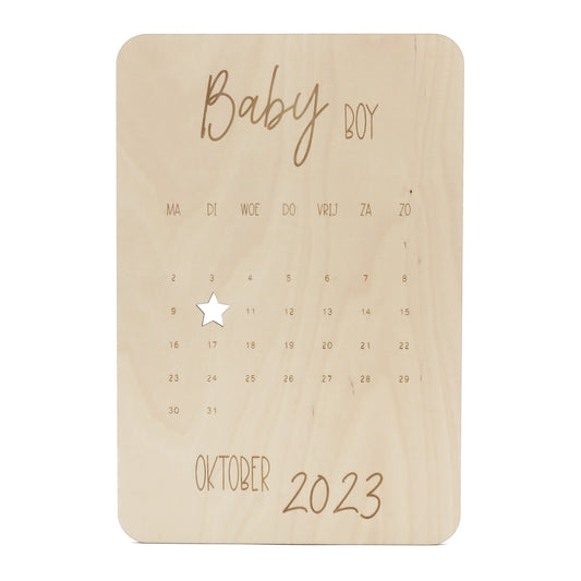 Houten aankondiging zwangerschap kalender baby boy