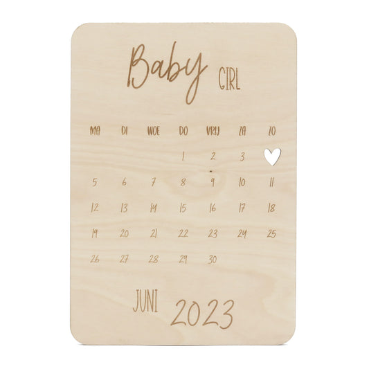 Houten aankondiging zwangerschap kalender baby girl