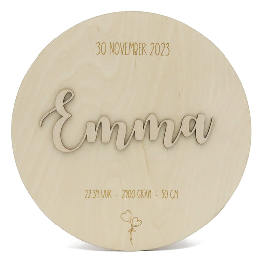 Houten geboortebord 3D rond